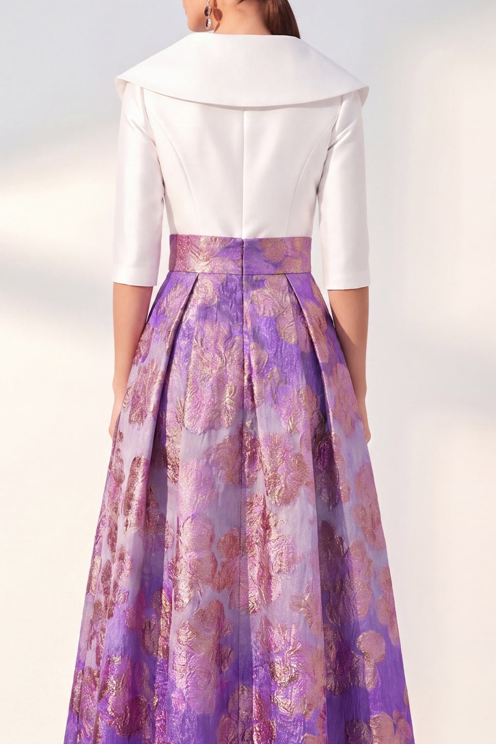 Floral Long 3/4 Sleeves Navy Jacquard A Line Mother of the Bride Dress