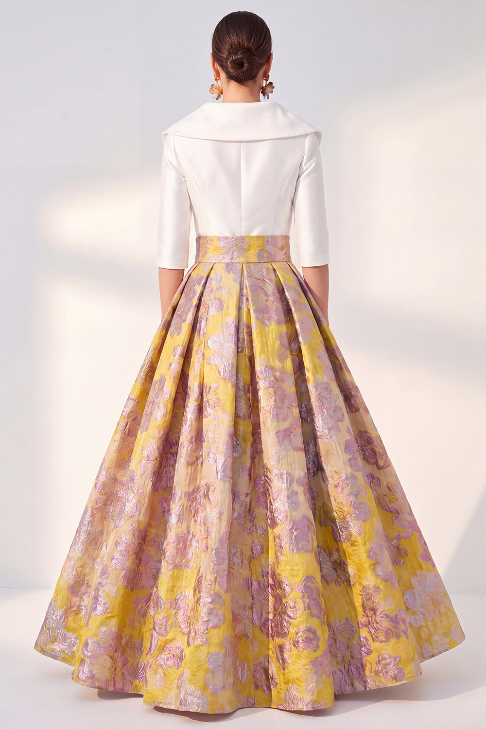 Floral Long 3/4 Sleeves Navy Jacquard A Line Mother of the Bride Dress