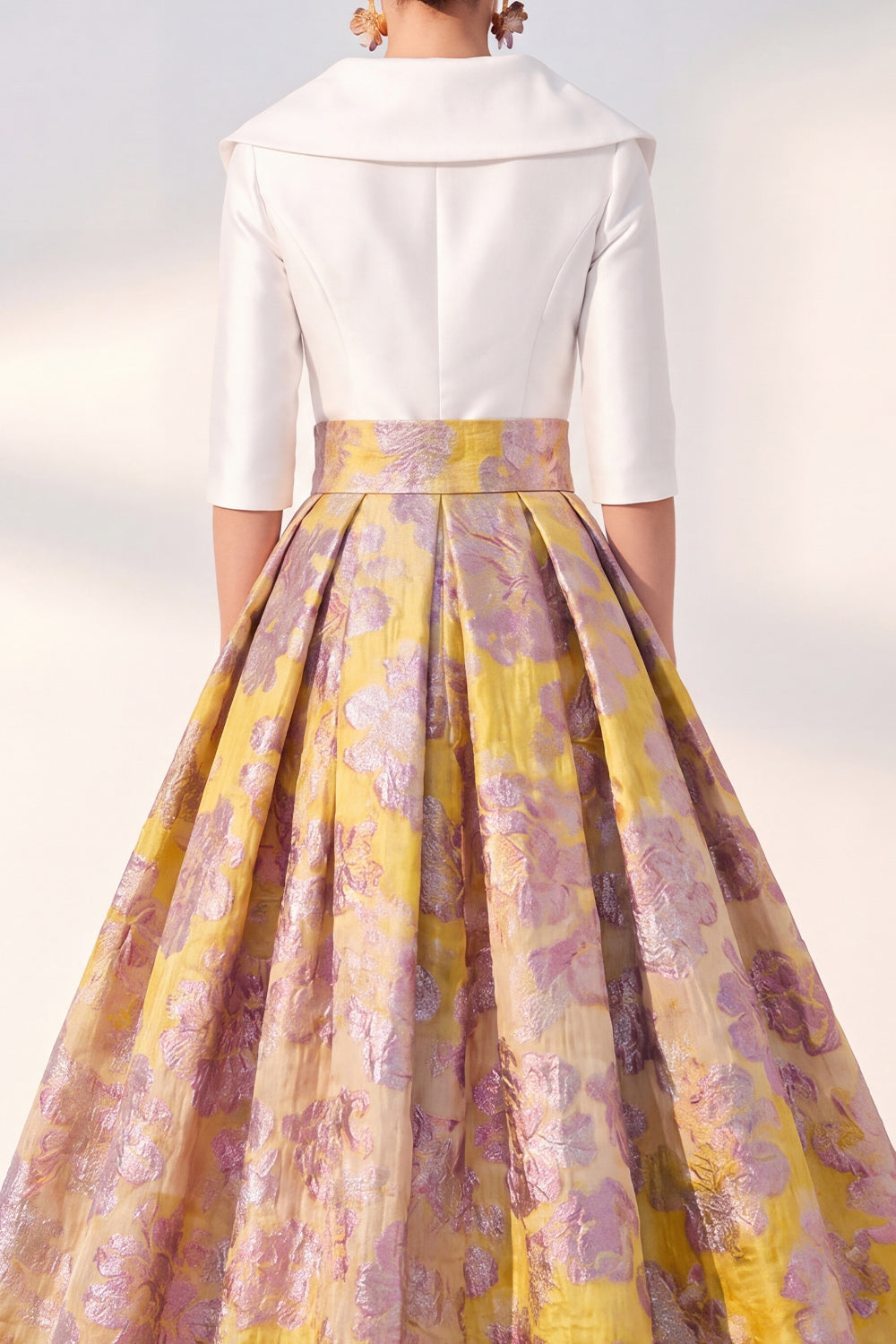 Floral Long 3/4 Sleeves Navy Jacquard A Line Mother of the Bride Dress