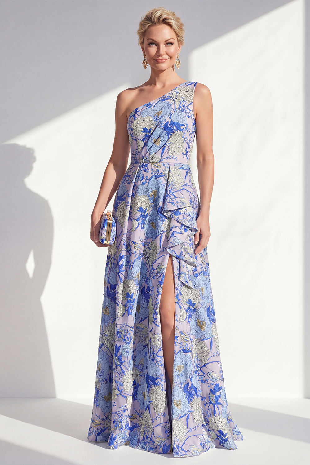 Blue Ruffled Maxi Floral A Line Mother of the Bride Dress with Slit