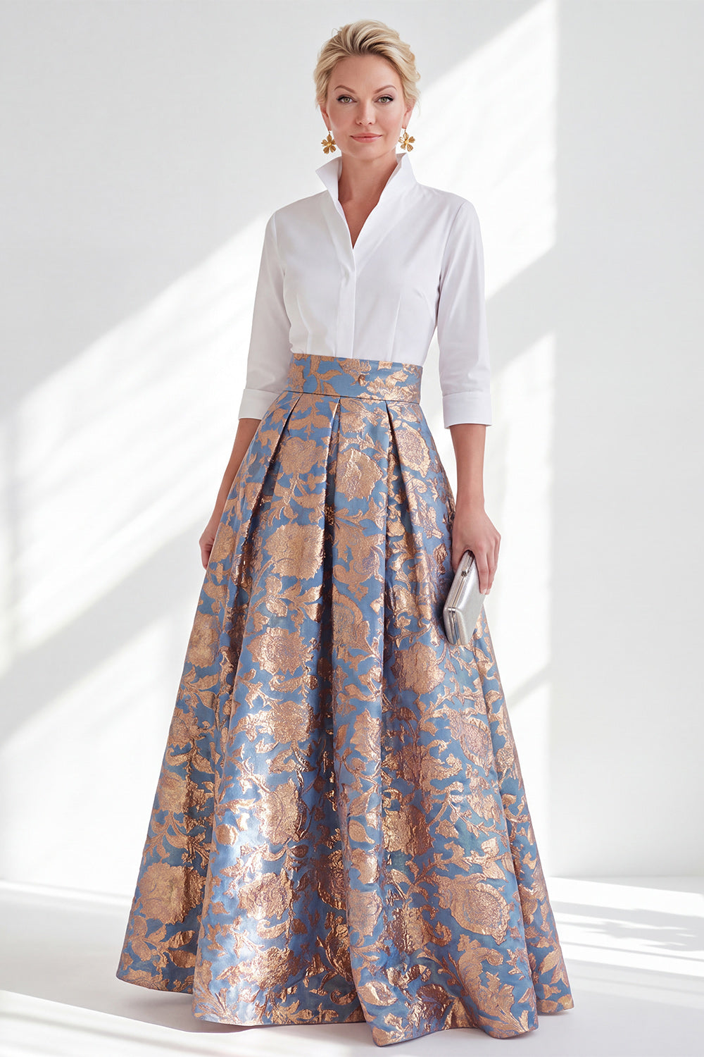 3/4 Sleeves Blue Pink Flower A Line Long Mother of the Bride Dress