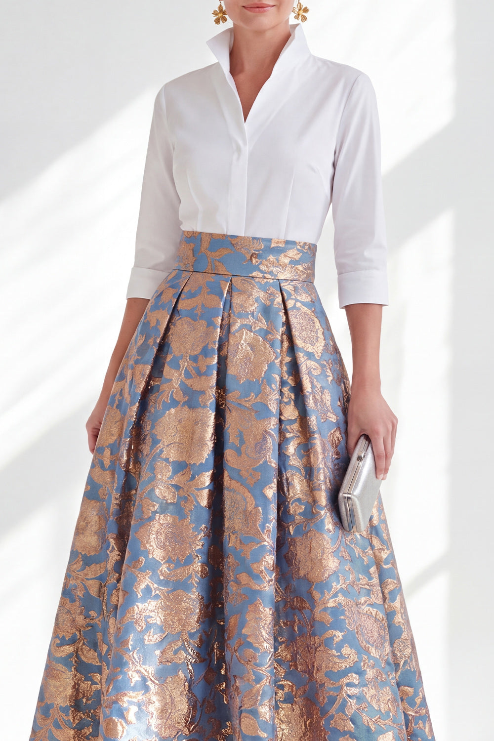 3/4 Sleeves Blue Pink Flower A Line Long Mother of the Bride Dress