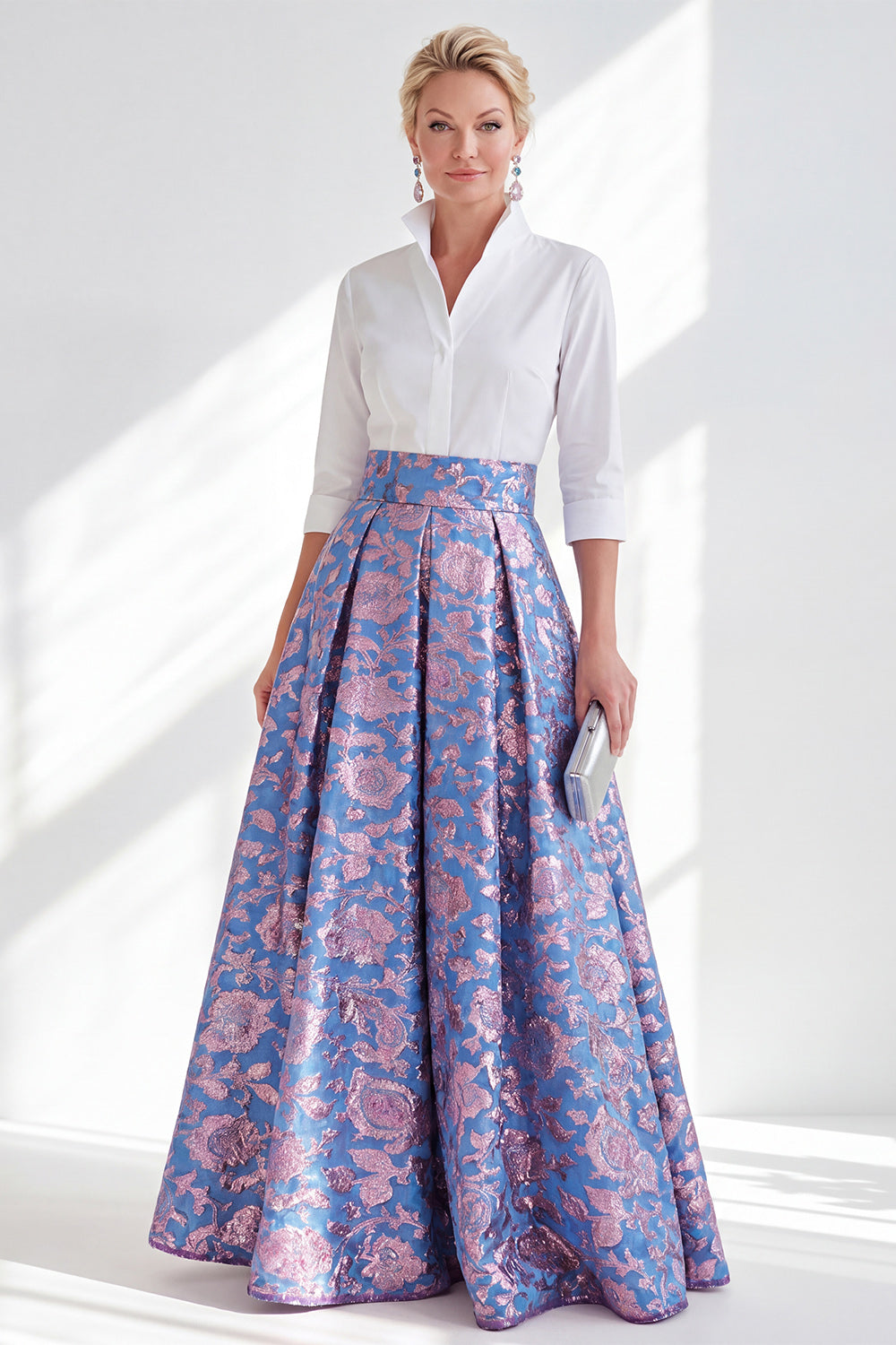 3/4 Sleeves Blue Pink Flower A Line Long Mother of the Bride Dress