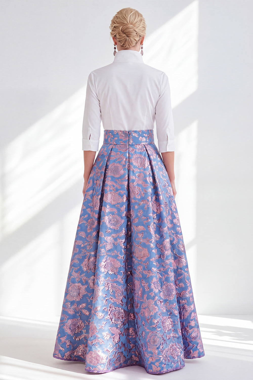 3/4 Sleeves Blue Pink Flower A Line Long Mother of the Bride Dress