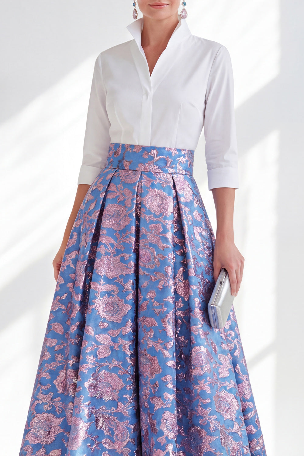 3/4 Sleeves Blue Pink Flower A Line Long Mother of the Bride Dress