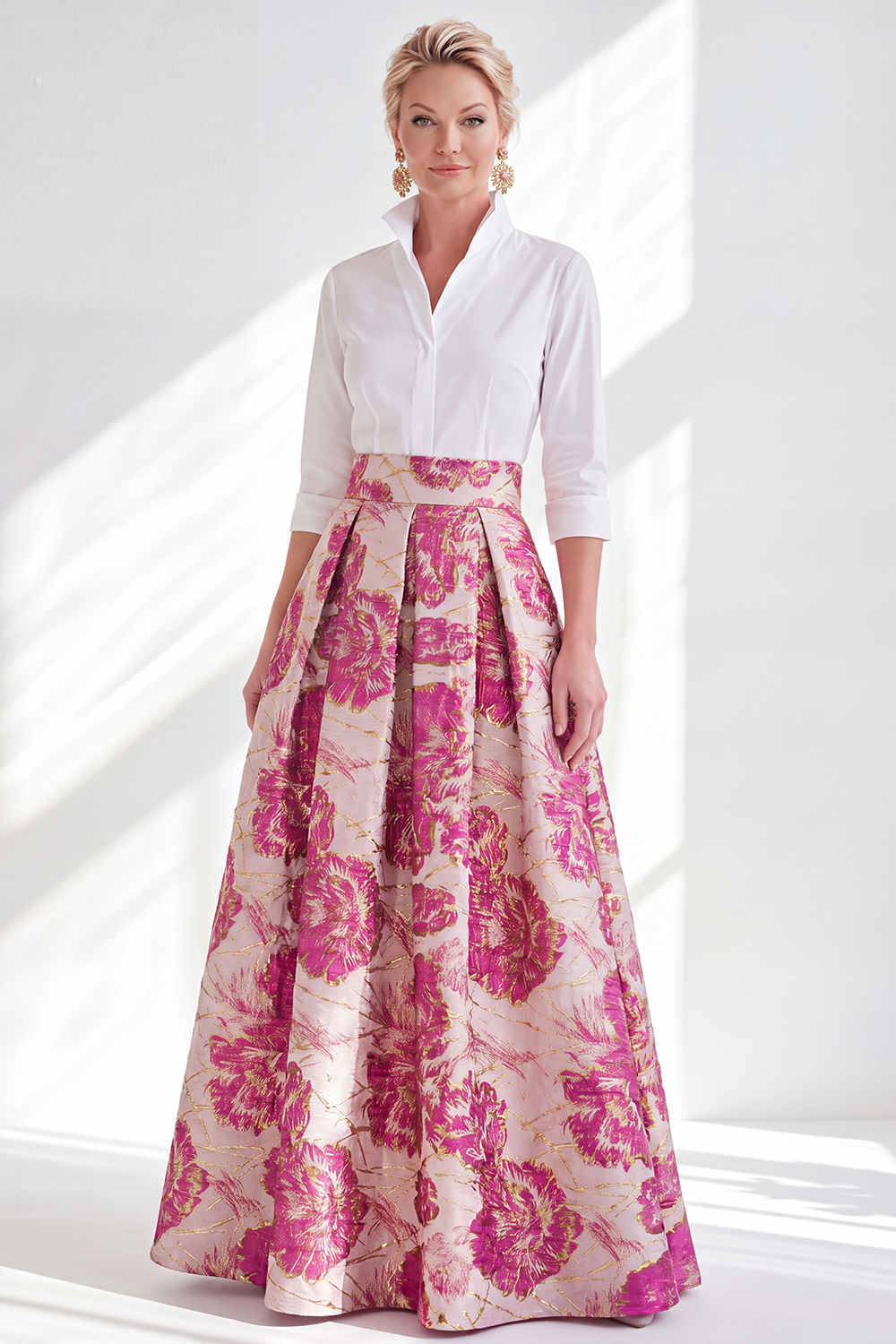3/4 Sleeves Fuchsia A Line Long Mother of the Bride Dress