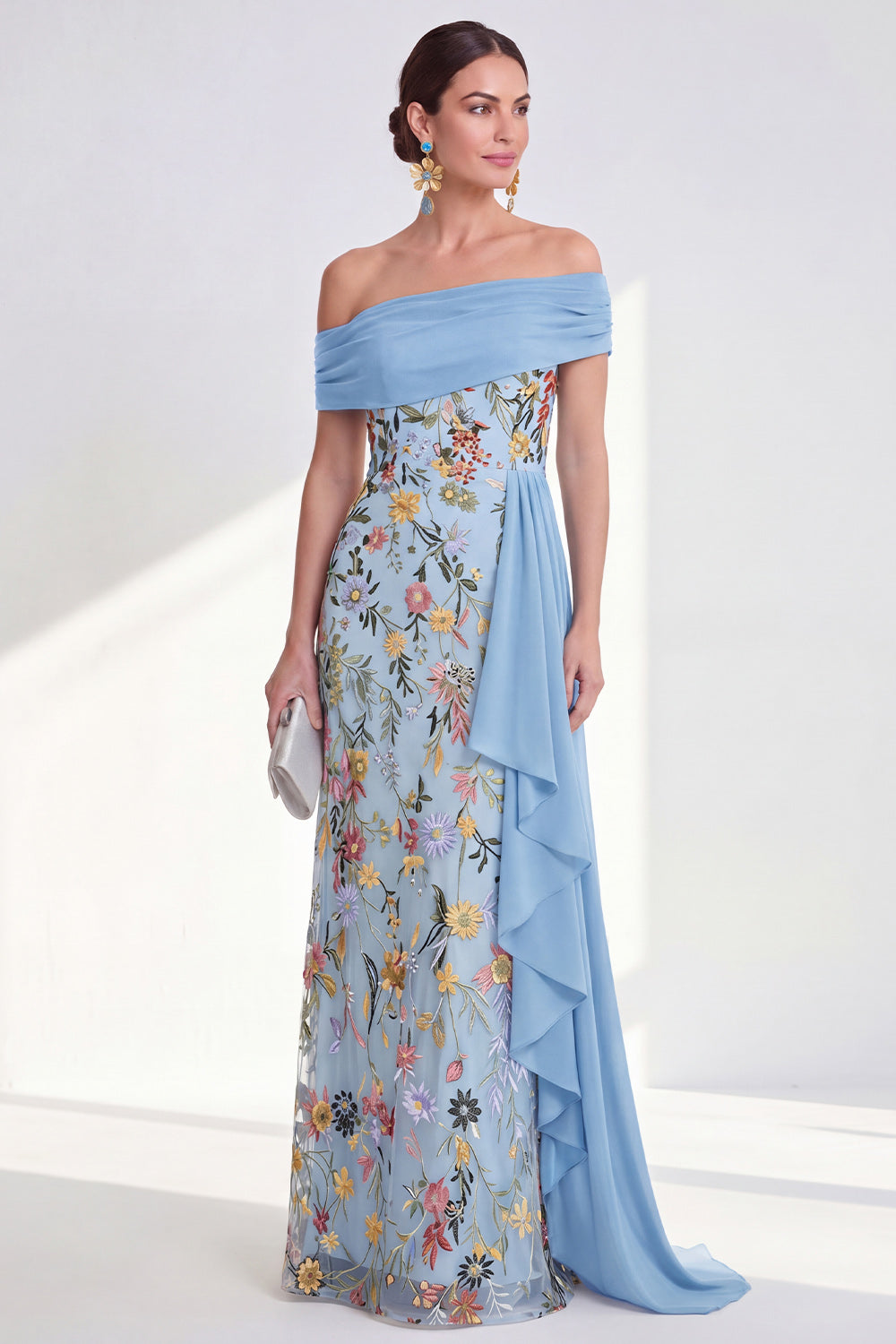 Floral Mermaid Ruffled Green Long Mother of the Bride Dress with Side Cape