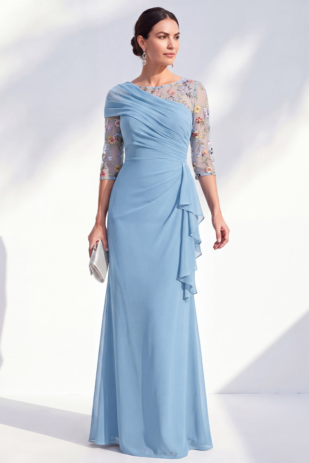 Mermaid Green Ruched Floral Long Mother of the Bride Dress with Ruffles