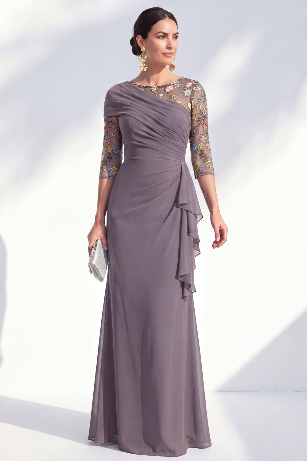 Mermaid Green Ruched Floral Long Mother of the Bride Dress with Ruffles