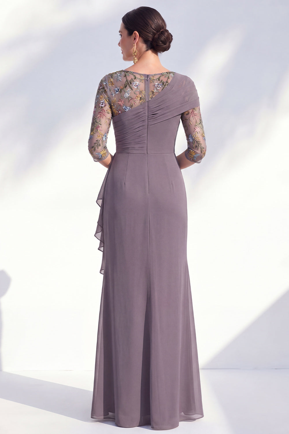 Mermaid Green Ruched Floral Long Mother of the Bride Dress with Ruffles