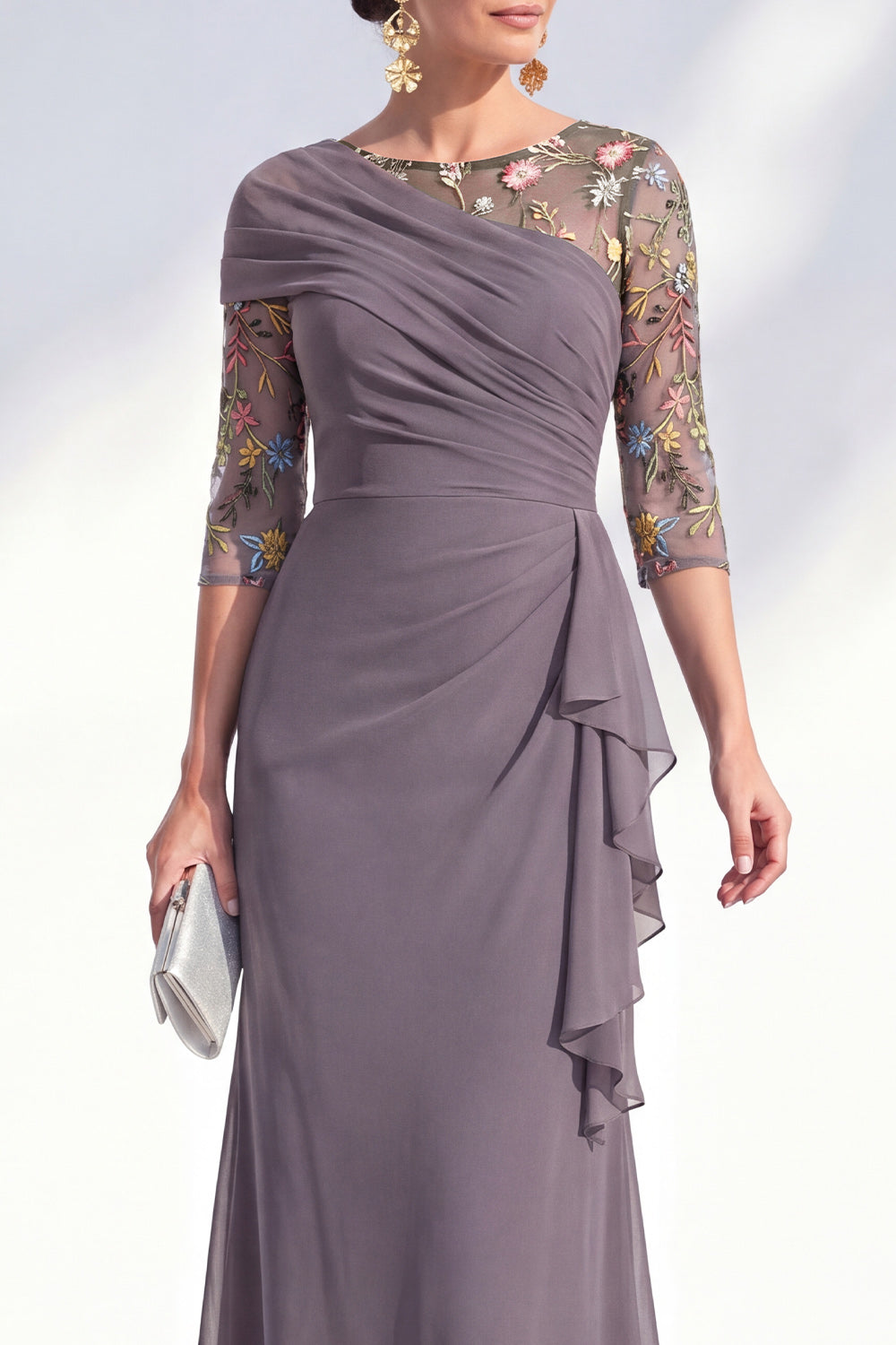 Mermaid Green Ruched Floral Long Mother of the Bride Dress with Ruffles