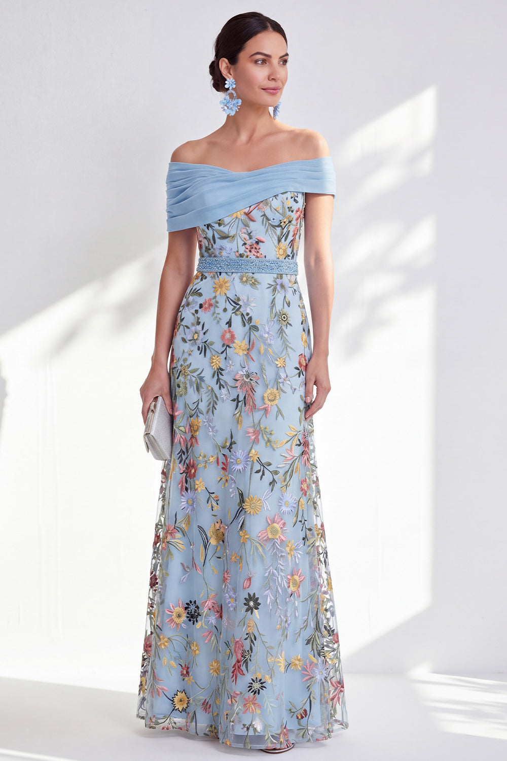 Floral Green Beaded Ruched Long Mother of the Bride Dress