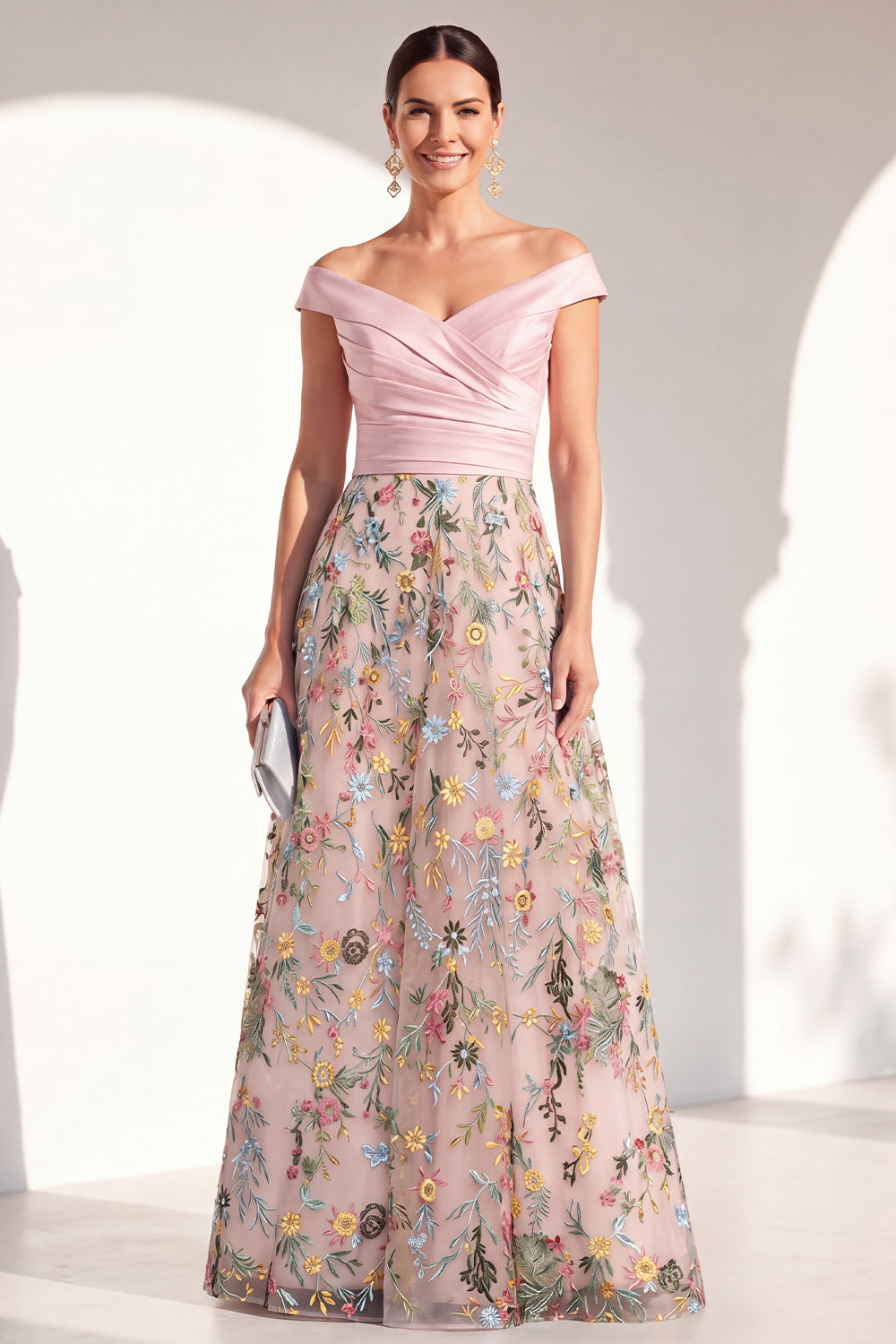 Off the Shoulder Floral Green Ruched Long Mother of the Bride Dress