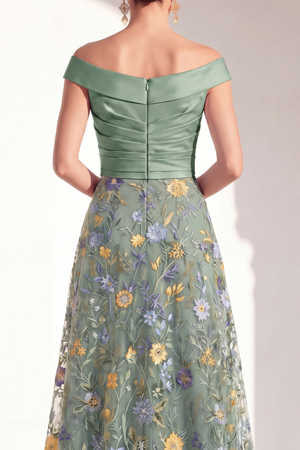 Off the Shoulder Floral Green Ruched Long Mother of the Bride Dress