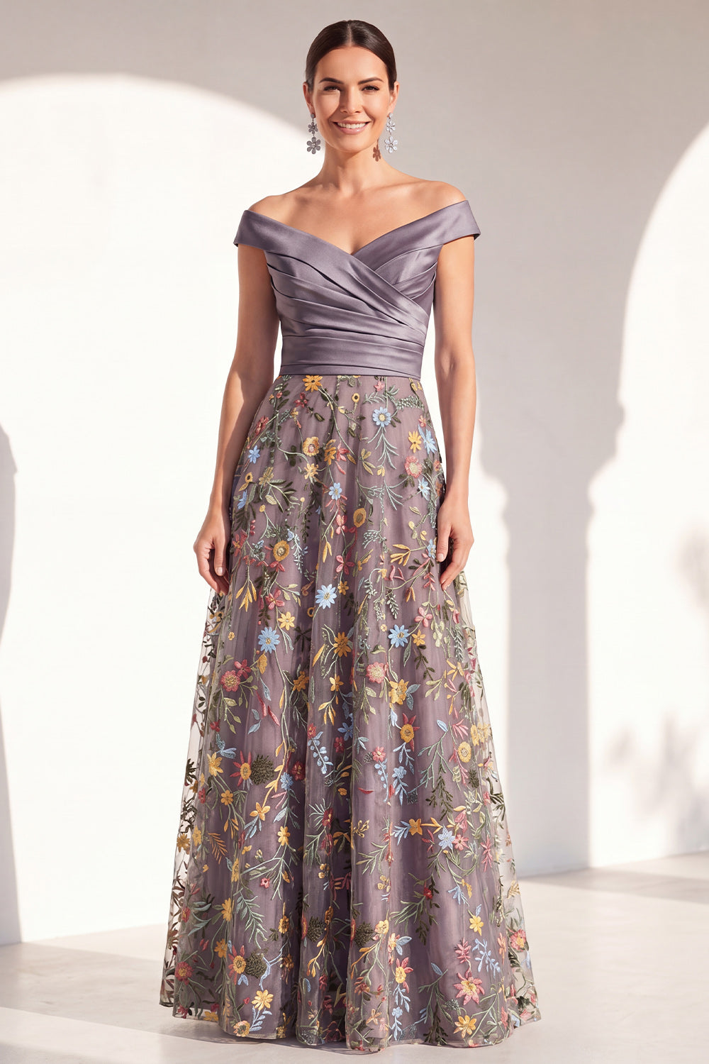 Off the Shoulder Floral Green Ruched Long Mother of the Bride Dress