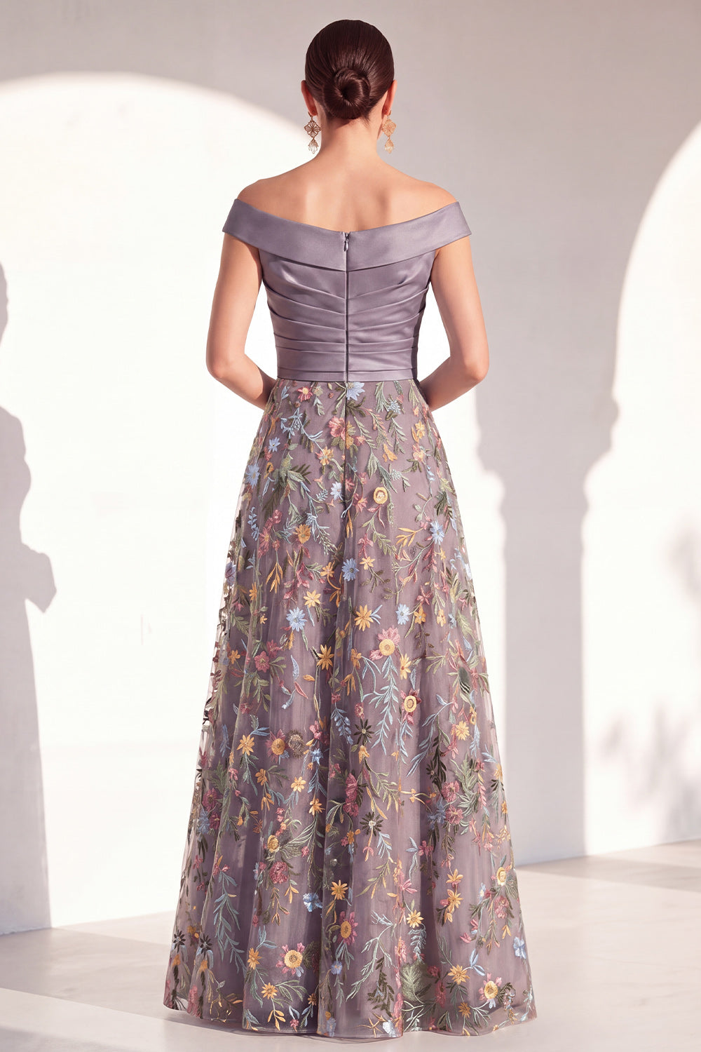 Off the Shoulder Floral Green Ruched Long Mother of the Bride Dress