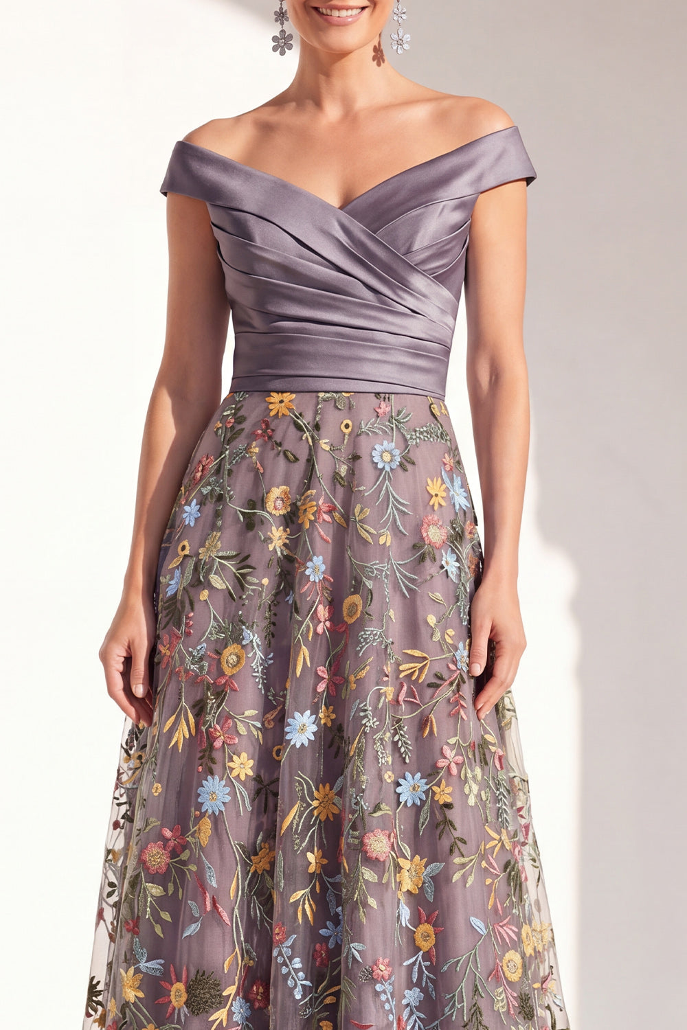 Off the Shoulder Floral Green Ruched Long Mother of the Bride Dress