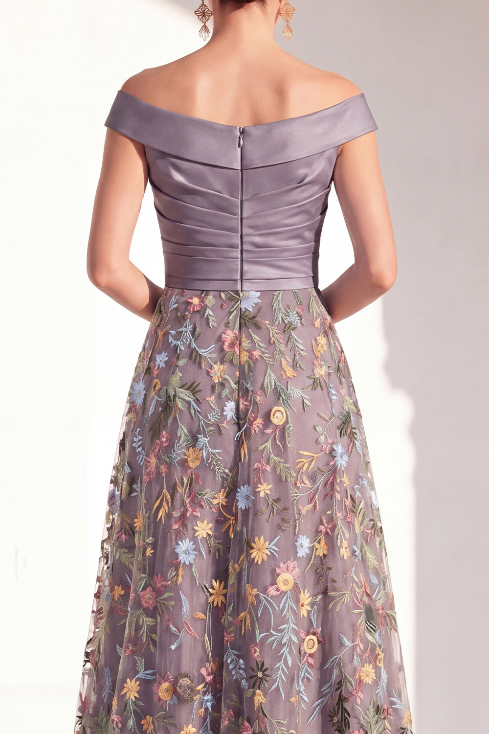 Off the Shoulder Floral Green Ruched Long Mother of the Bride Dress