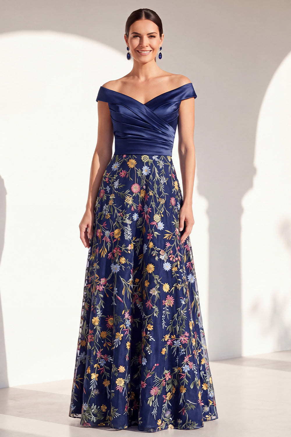 Off the Shoulder Floral Green Ruched Long Mother of the Bride Dress