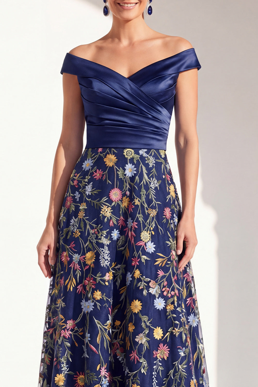 Off the Shoulder Floral Green Ruched Long Mother of the Bride Dress