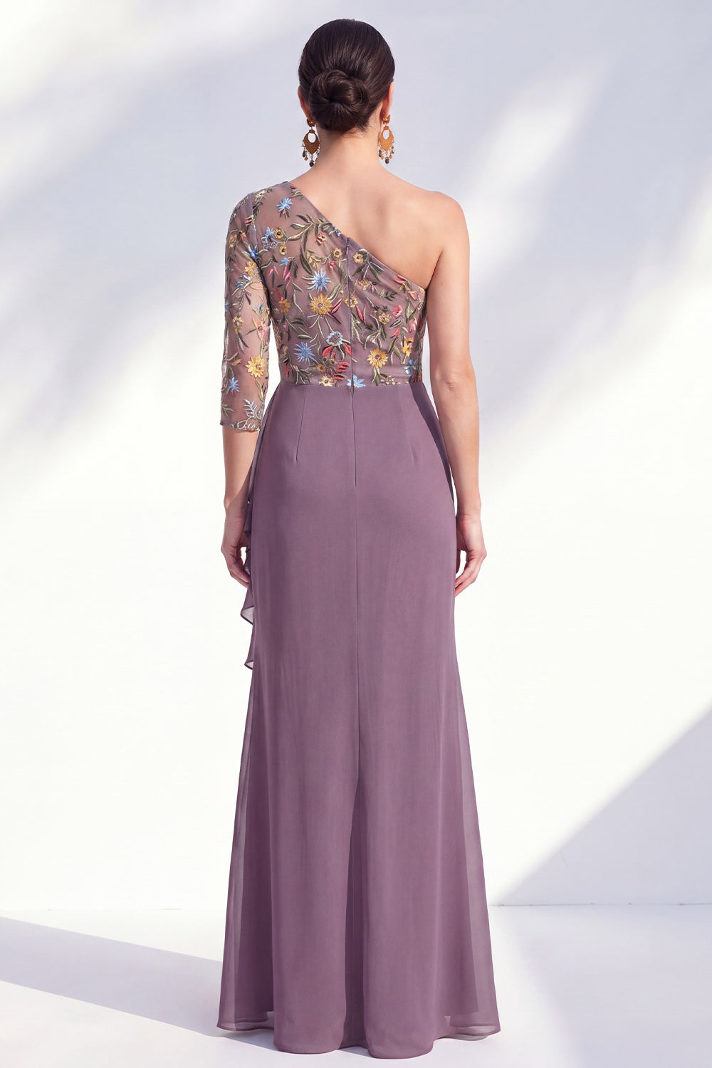Grey Purple Ruched Floral Mermaid Long Mother of the Bride Dress with Ruffles