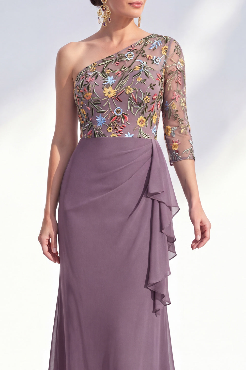 Grey Purple Ruched Floral Mermaid Long Mother of the Bride Dress with Ruffles