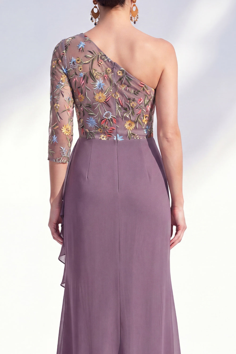 Grey Purple Ruched Floral Mermaid Long Mother of the Bride Dress with Ruffles
