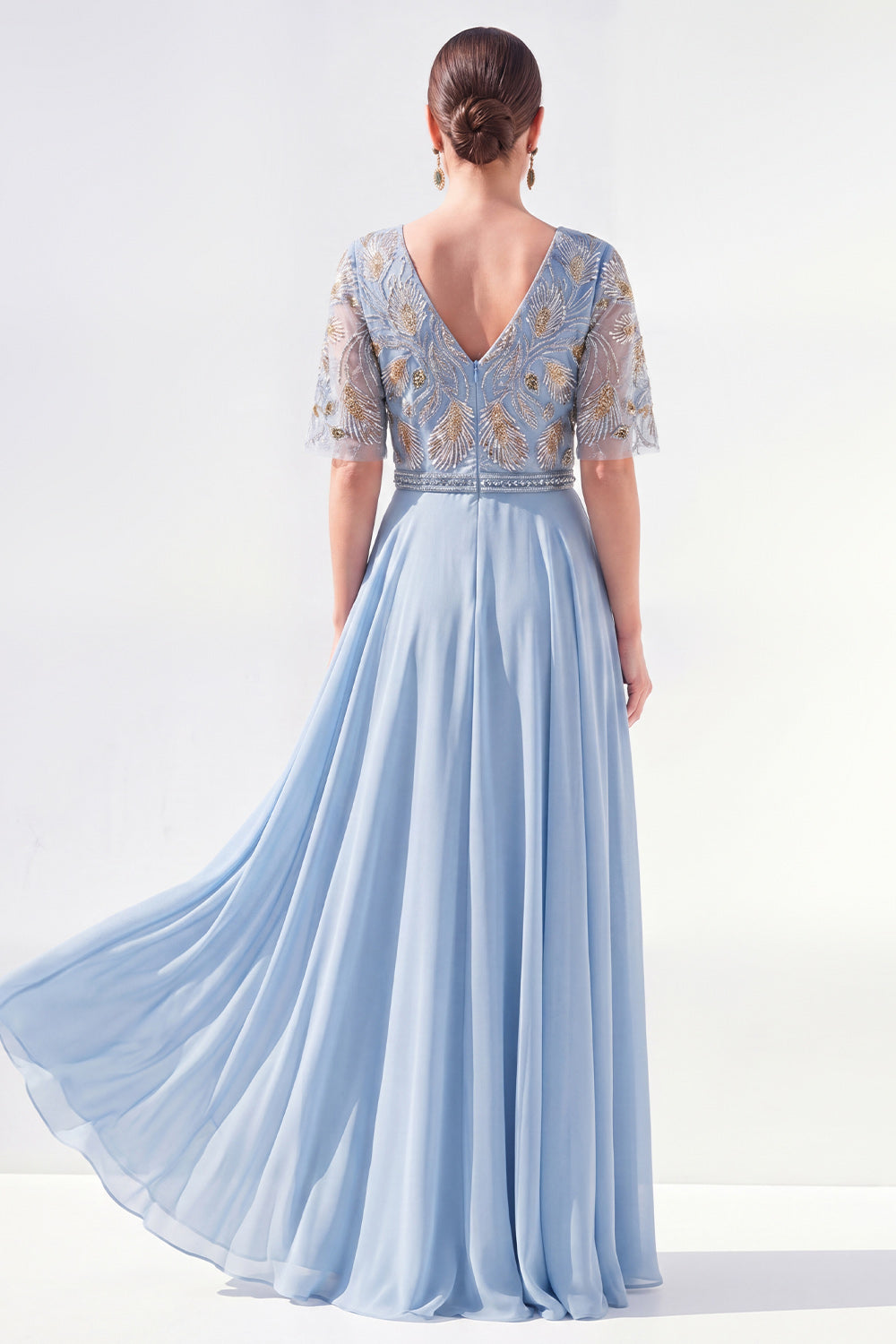Beaded V-Neck Green Long Mother of the Bride Dress with Sleeves