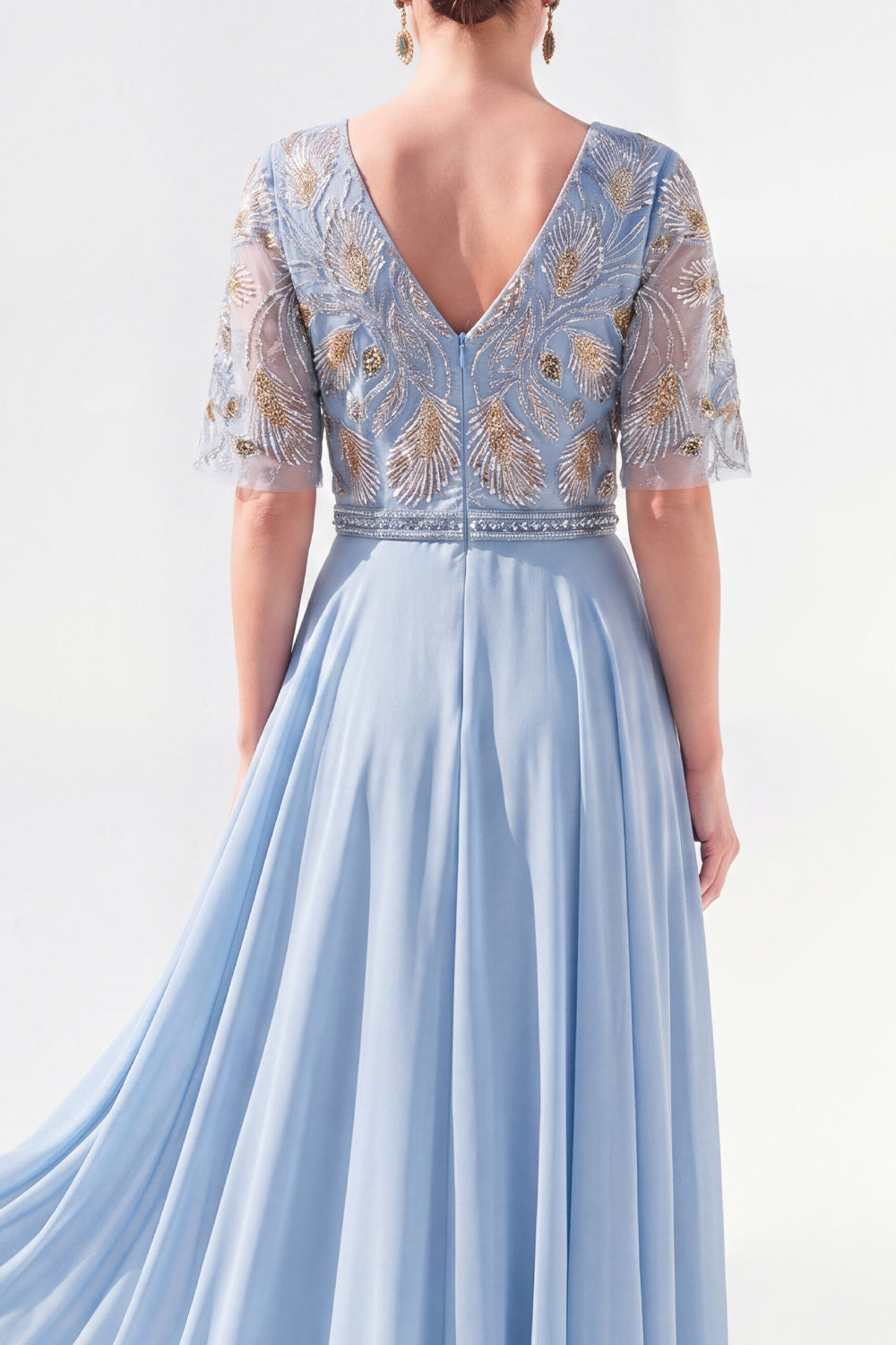 Beaded V-Neck Green Long Mother of the Bride Dress with Sleeves