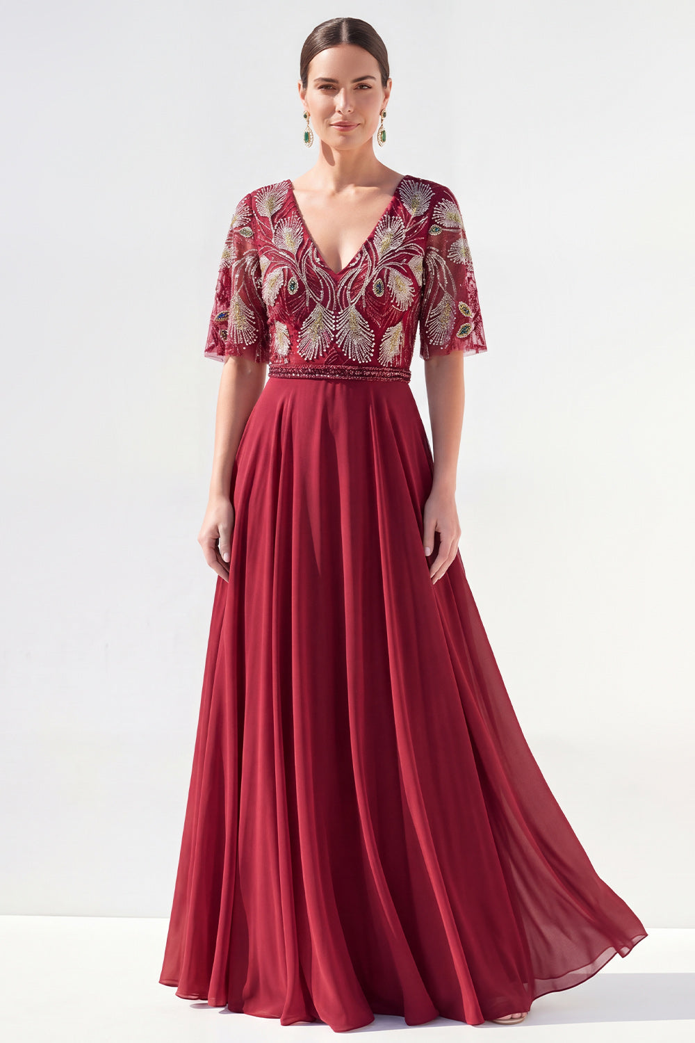 Beaded V-Neck Green Long Mother of the Bride Dress with Sleeves