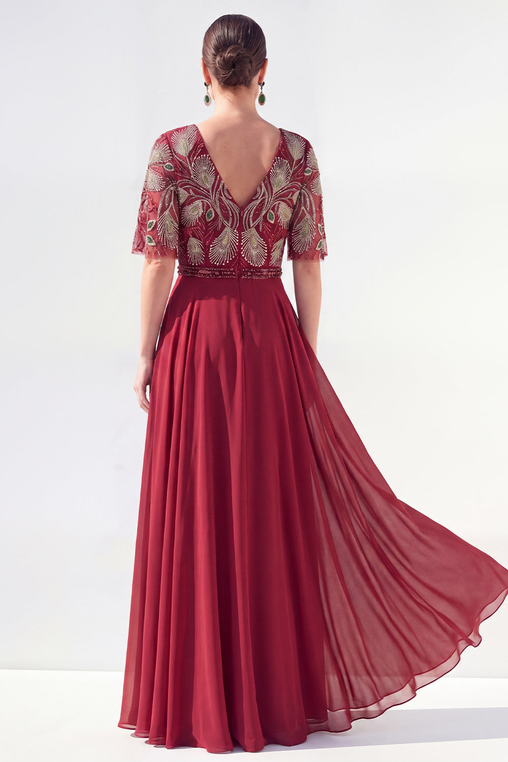 Beaded V-Neck Green Long Mother of the Bride Dress with Sleeves