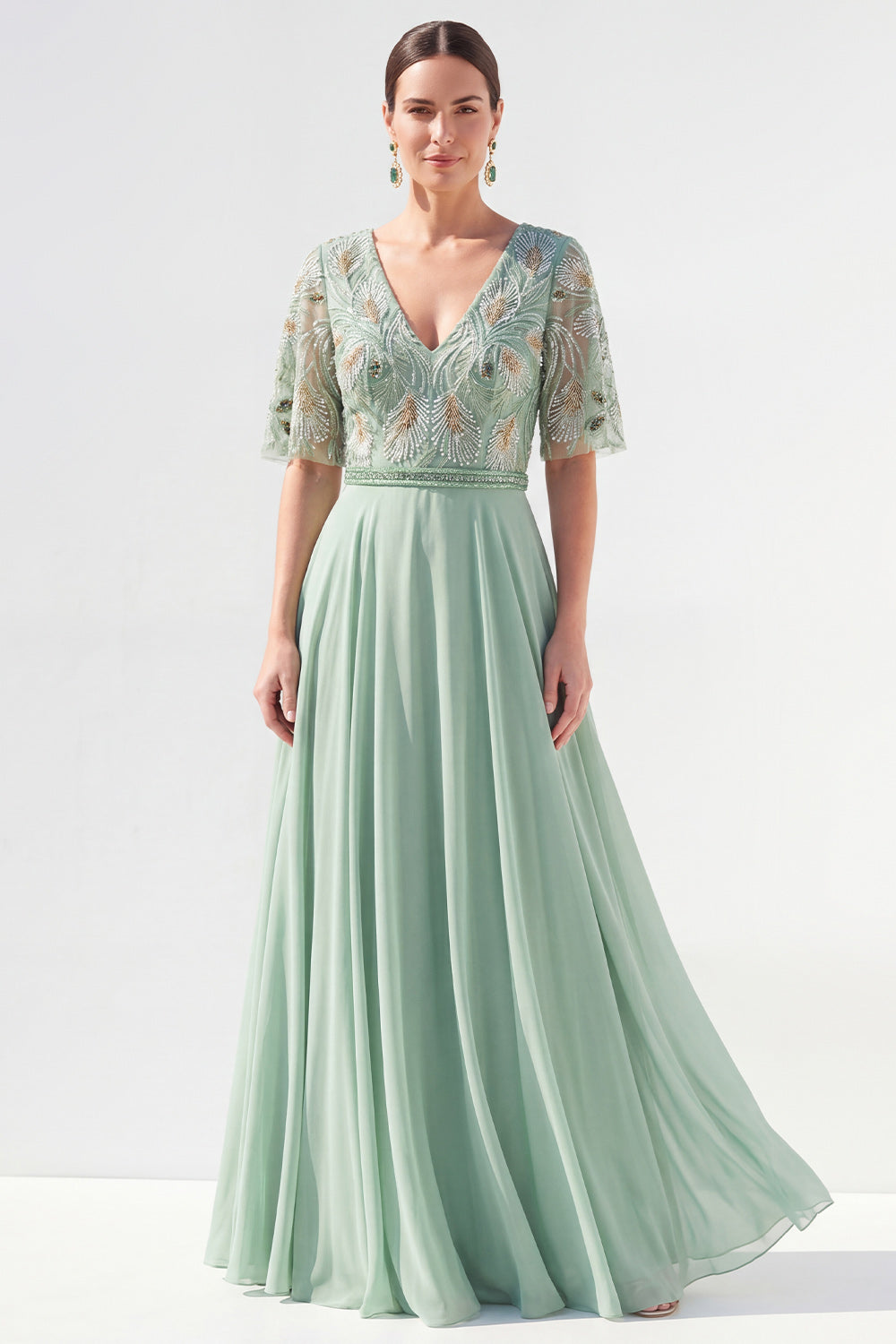 Beaded V-Neck Green Long Mother of the Bride Dress with Sleeves