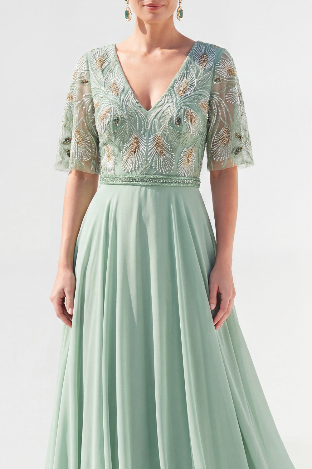 Beaded V-Neck Green Long Mother of the Bride Dress with Sleeves