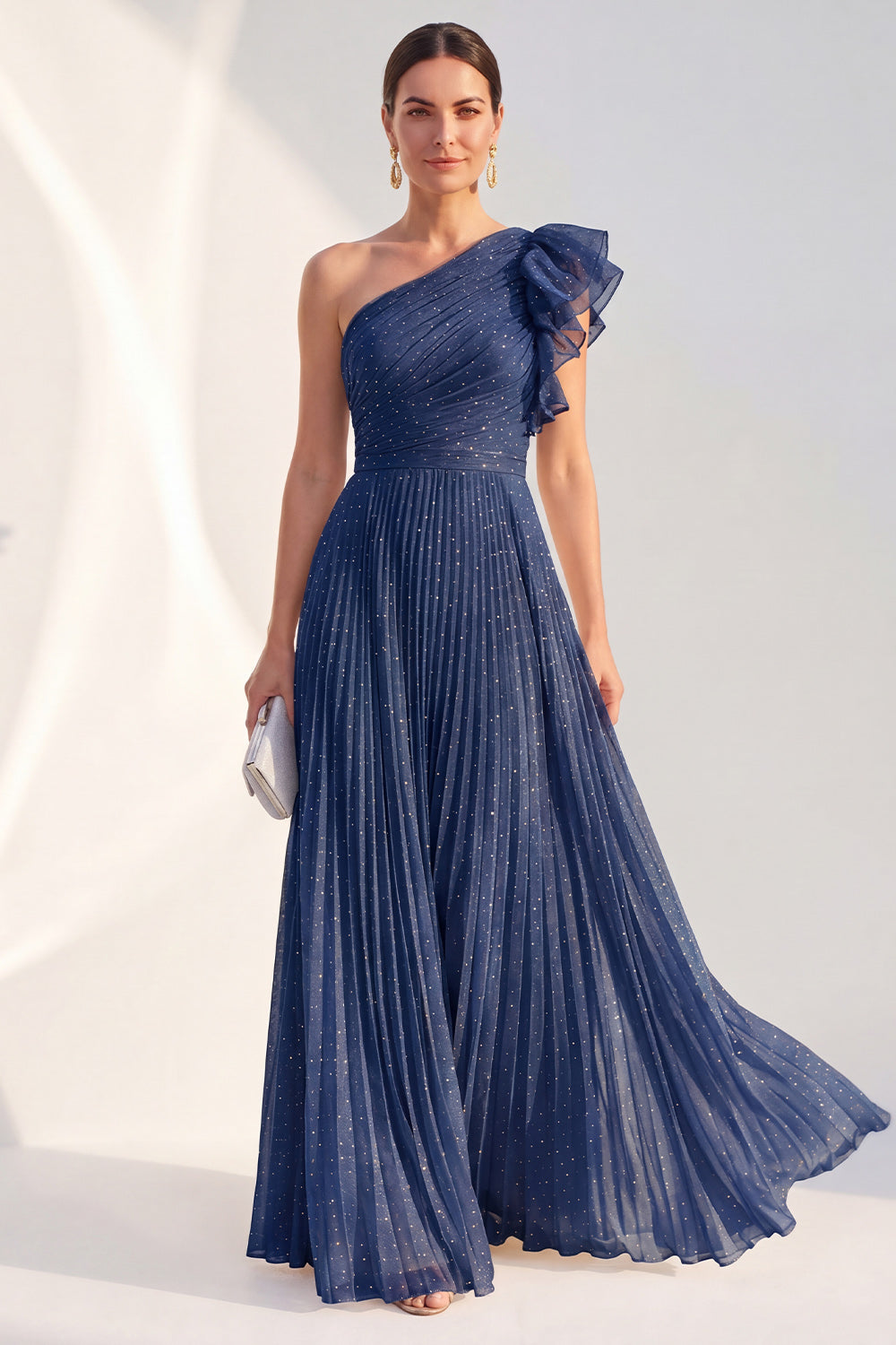 Ruffled Navy A Line Glitter Long Mother of the Bride Dress with Pleats
