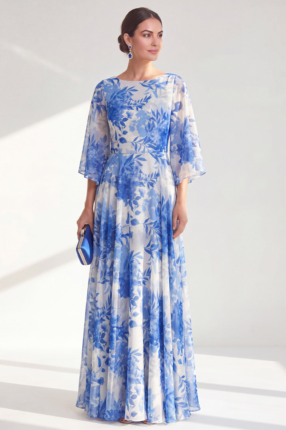 Floral Red Boat Neck Long A Line Mother of the Bride Dress
