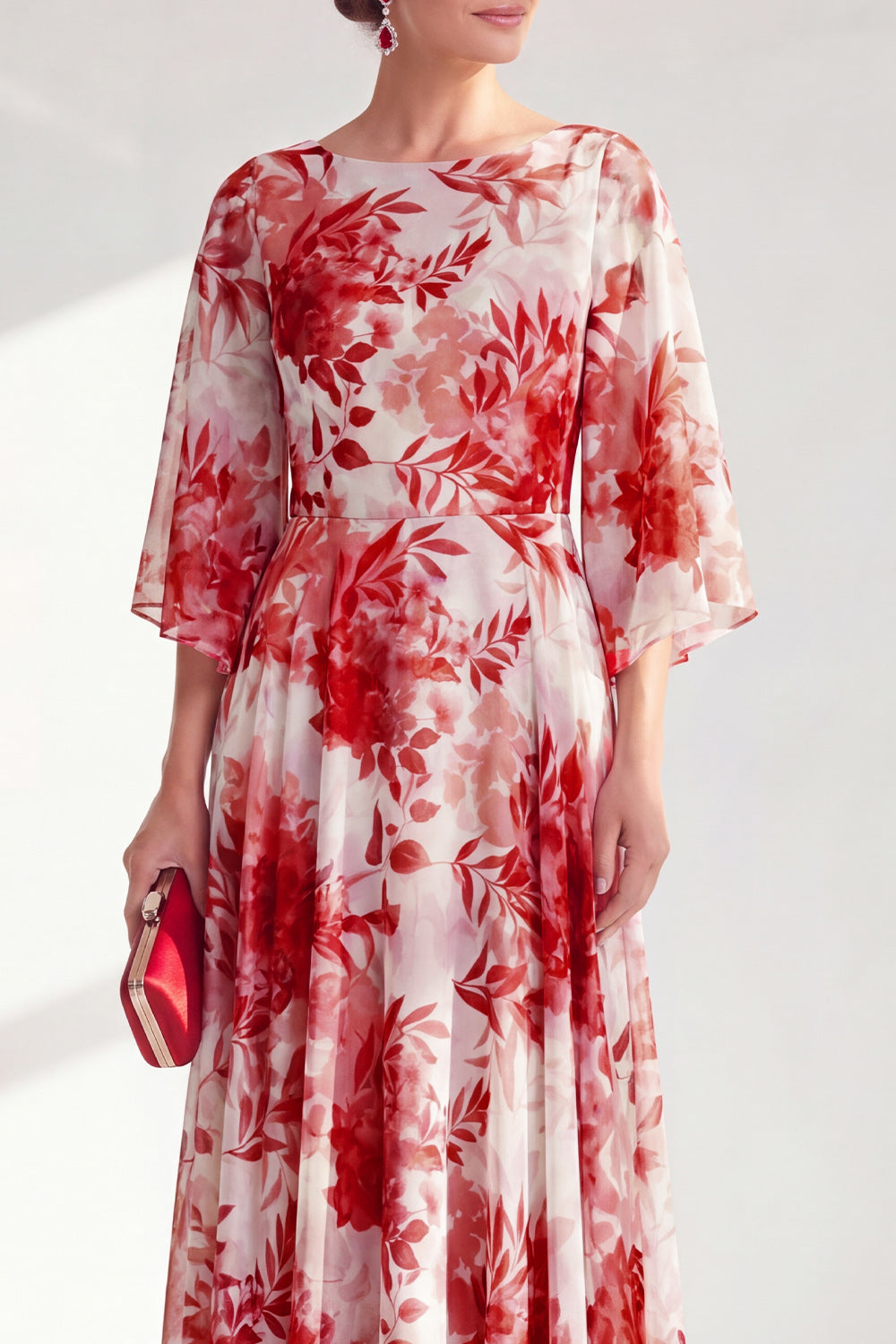 Floral Red Boat Neck Long A Line Mother of the Bride Dress