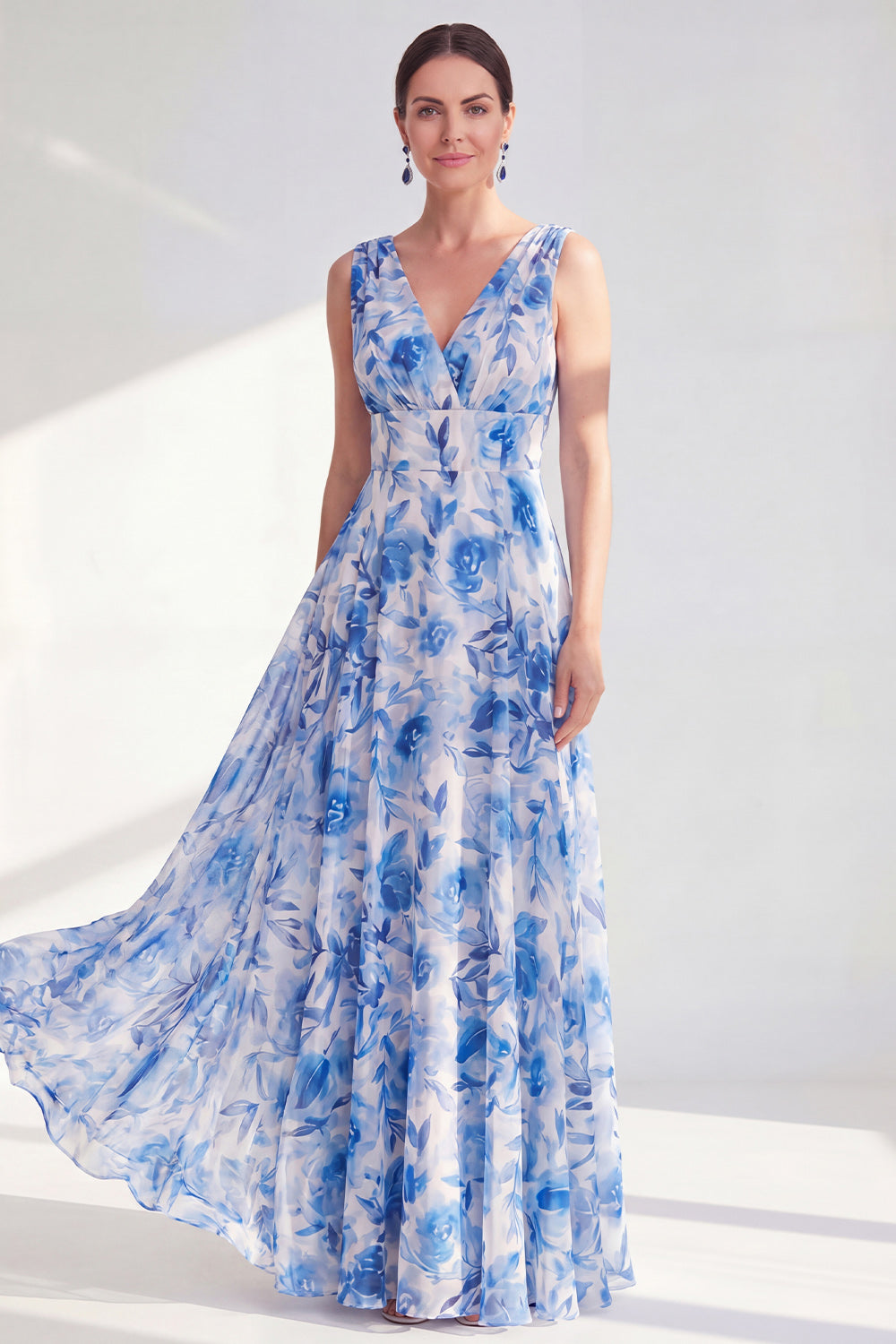A Line Blue V-Neck Floral Ruched Long Chiffon Mother of the Bride Dress
