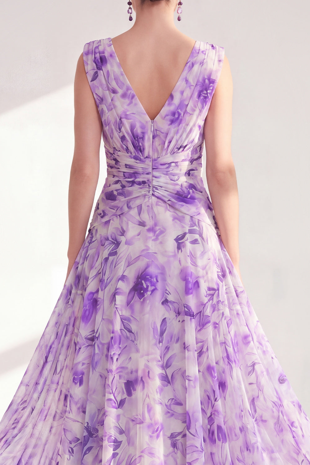 Floral Purple A Line V-Neck Ruched Long Chiffon Mother of the Bride Dress