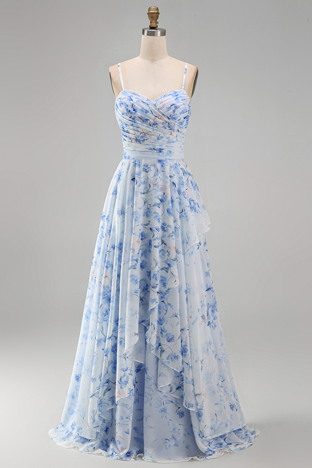 Blue Floral Long Spaghetti Straps A Line Mother of the Bride Dress with Ruffles