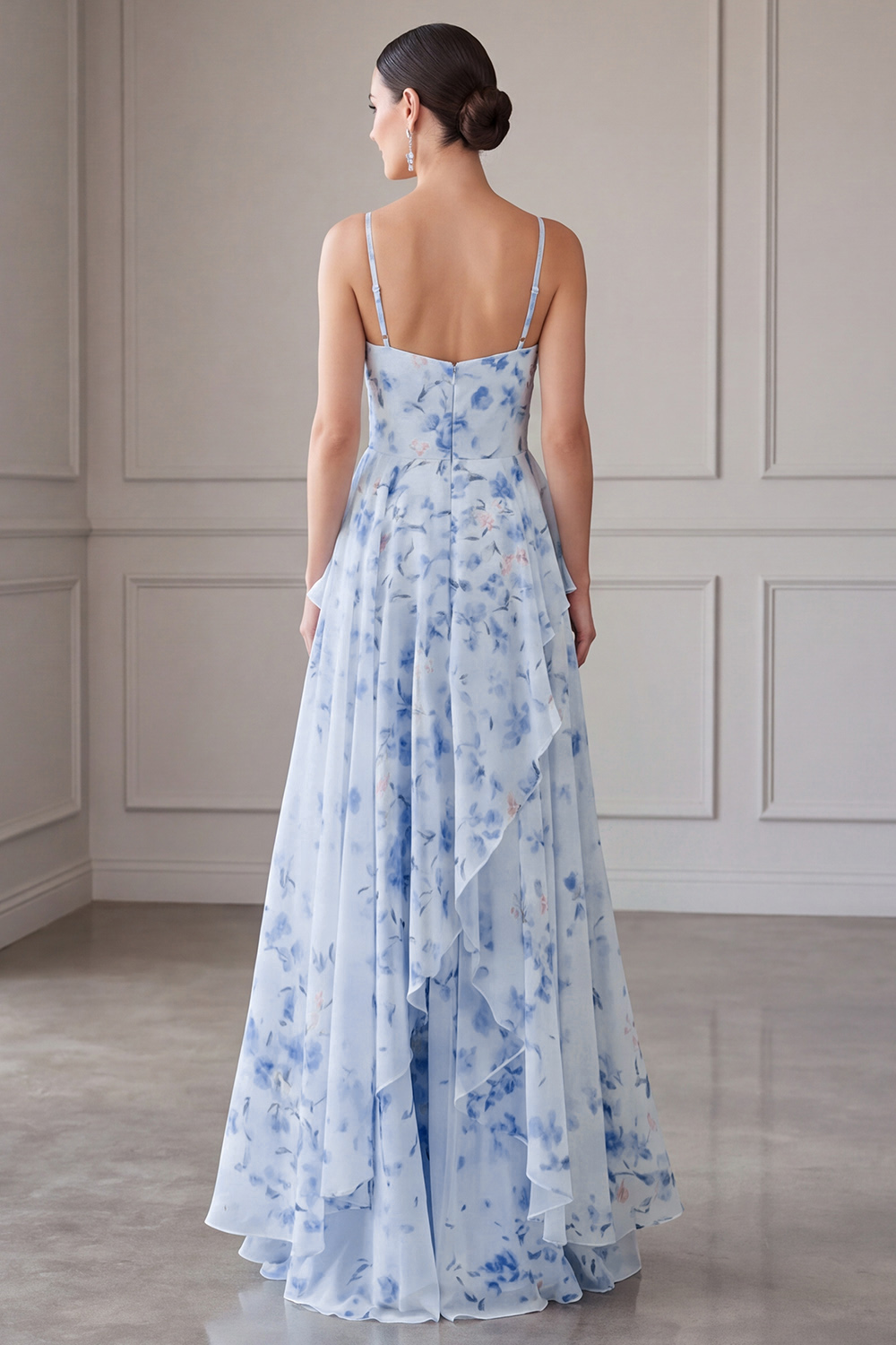 Blue Floral Long Spaghetti Straps A Line Mother of the Bride Dress with Ruffles