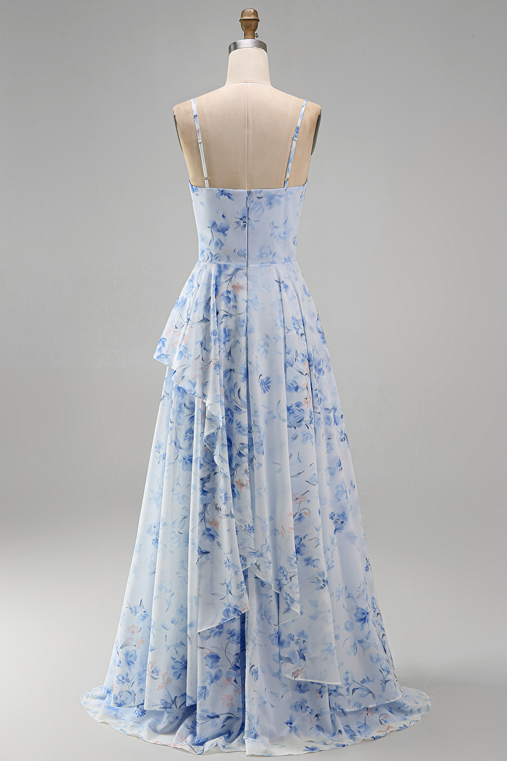 Blue Floral Long Spaghetti Straps A Line Mother of the Bride Dress with Ruffles