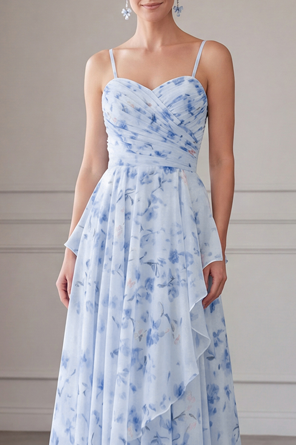 Blue Floral Long Spaghetti Straps A Line Mother of the Bride Dress with Ruffles