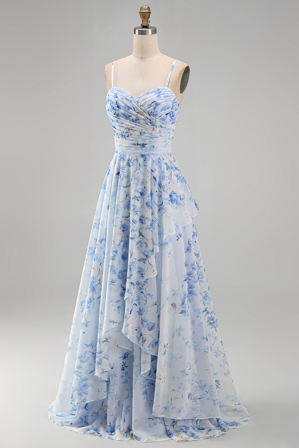 Blue Floral Long Spaghetti Straps A Line Mother of the Bride Dress with Ruffles