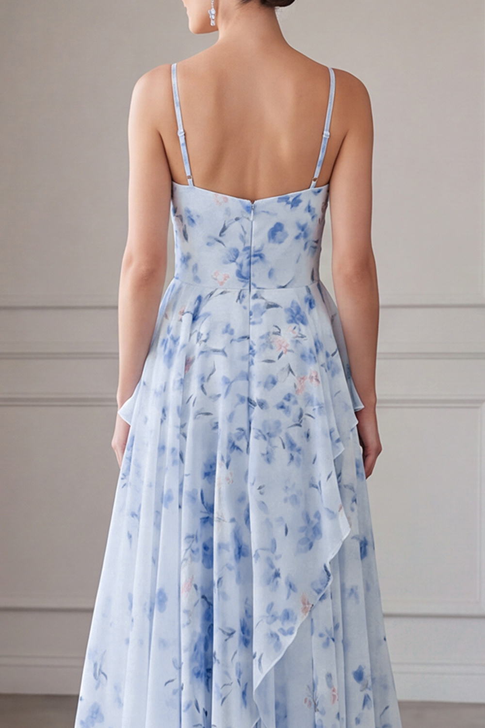 Blue Floral Long Spaghetti Straps A Line Mother of the Bride Dress with Ruffles