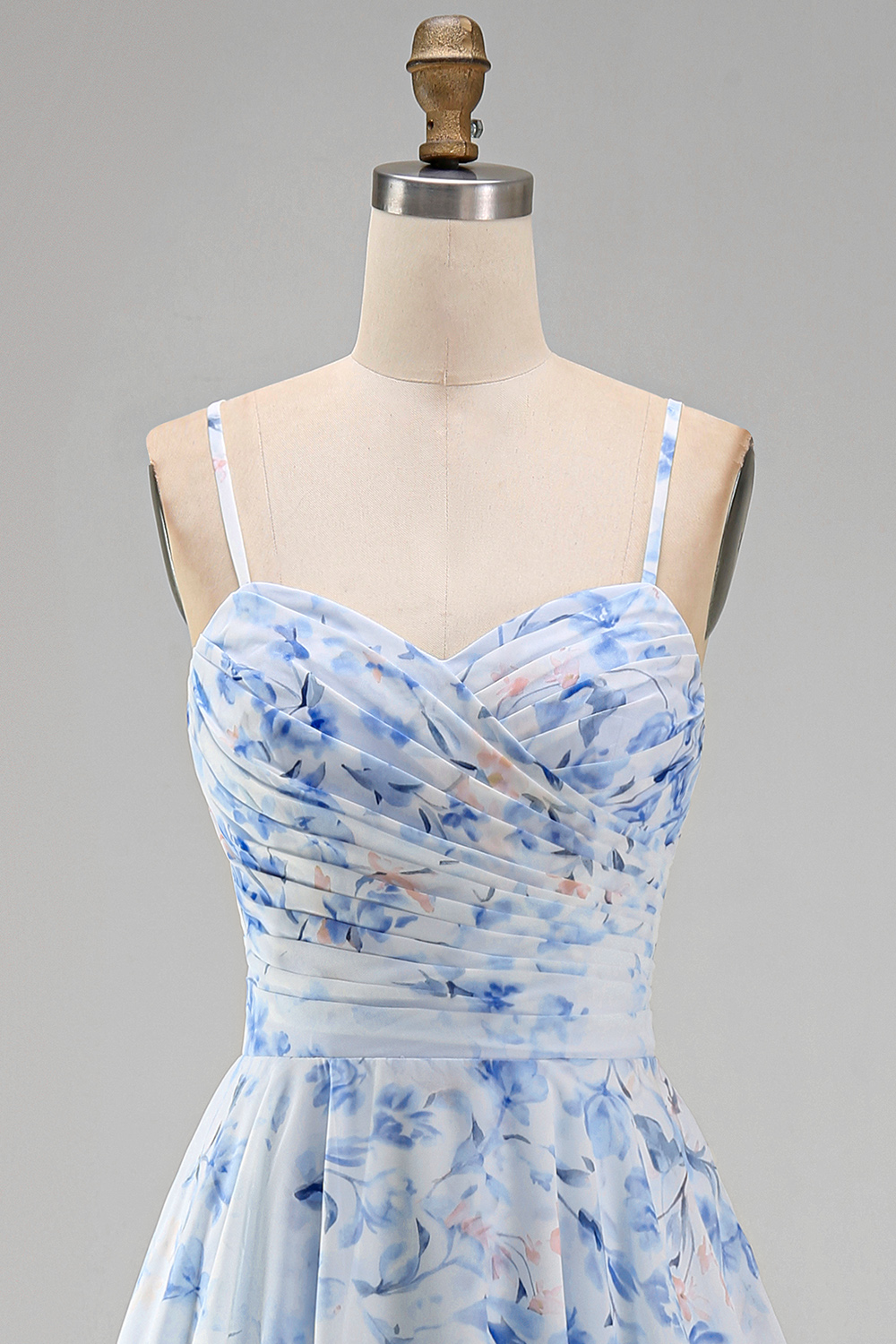 Blue Floral Long Spaghetti Straps A Line Mother of the Bride Dress with Ruffles