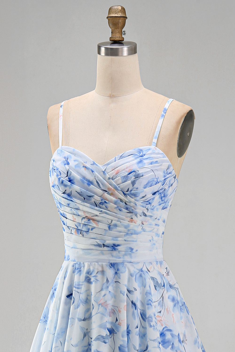 Blue Floral Long Spaghetti Straps A Line Mother of the Bride Dress with Ruffles