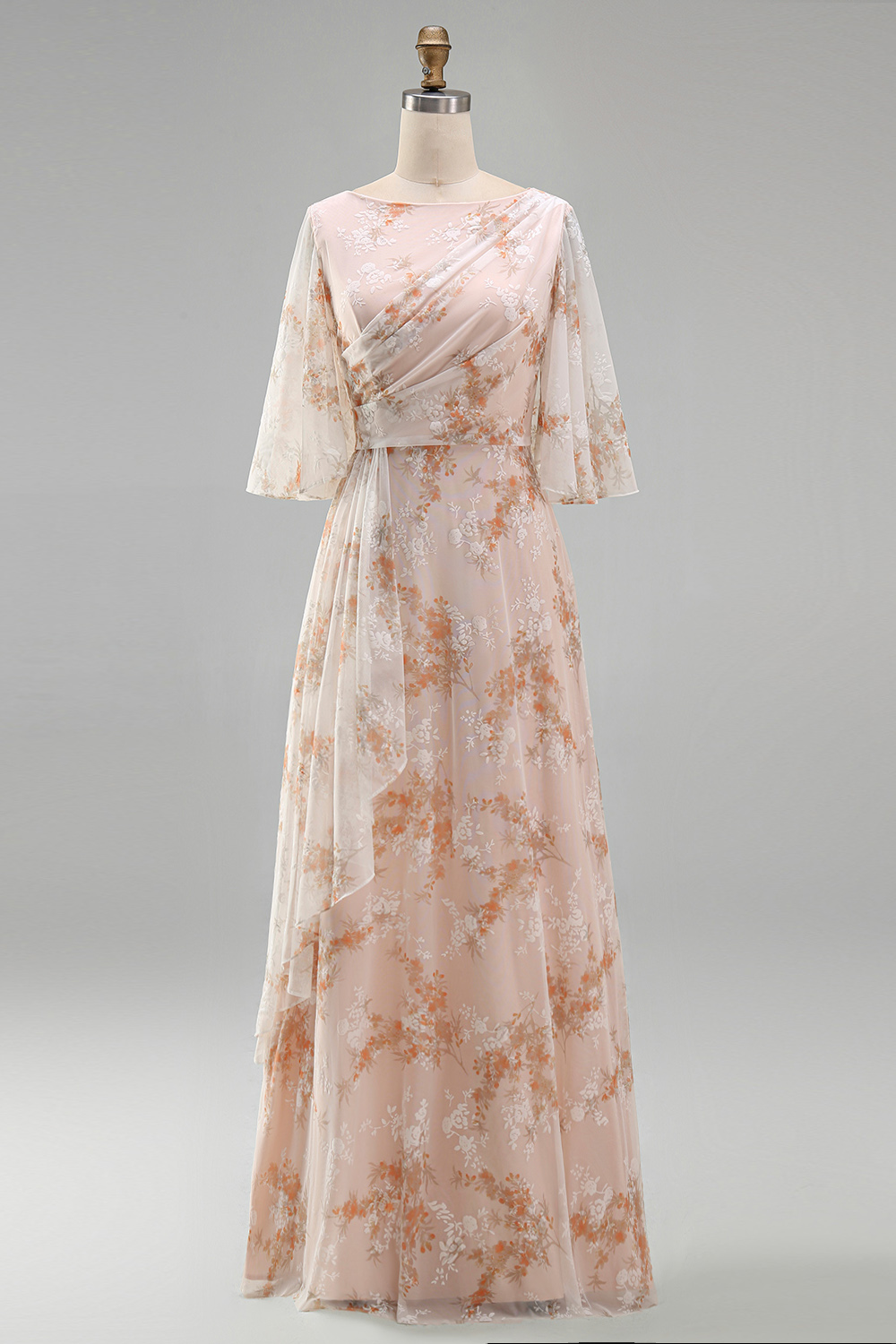 Champagne Sheath Bateau Neck Ruffled Long Floral Mother of the Bride Dress