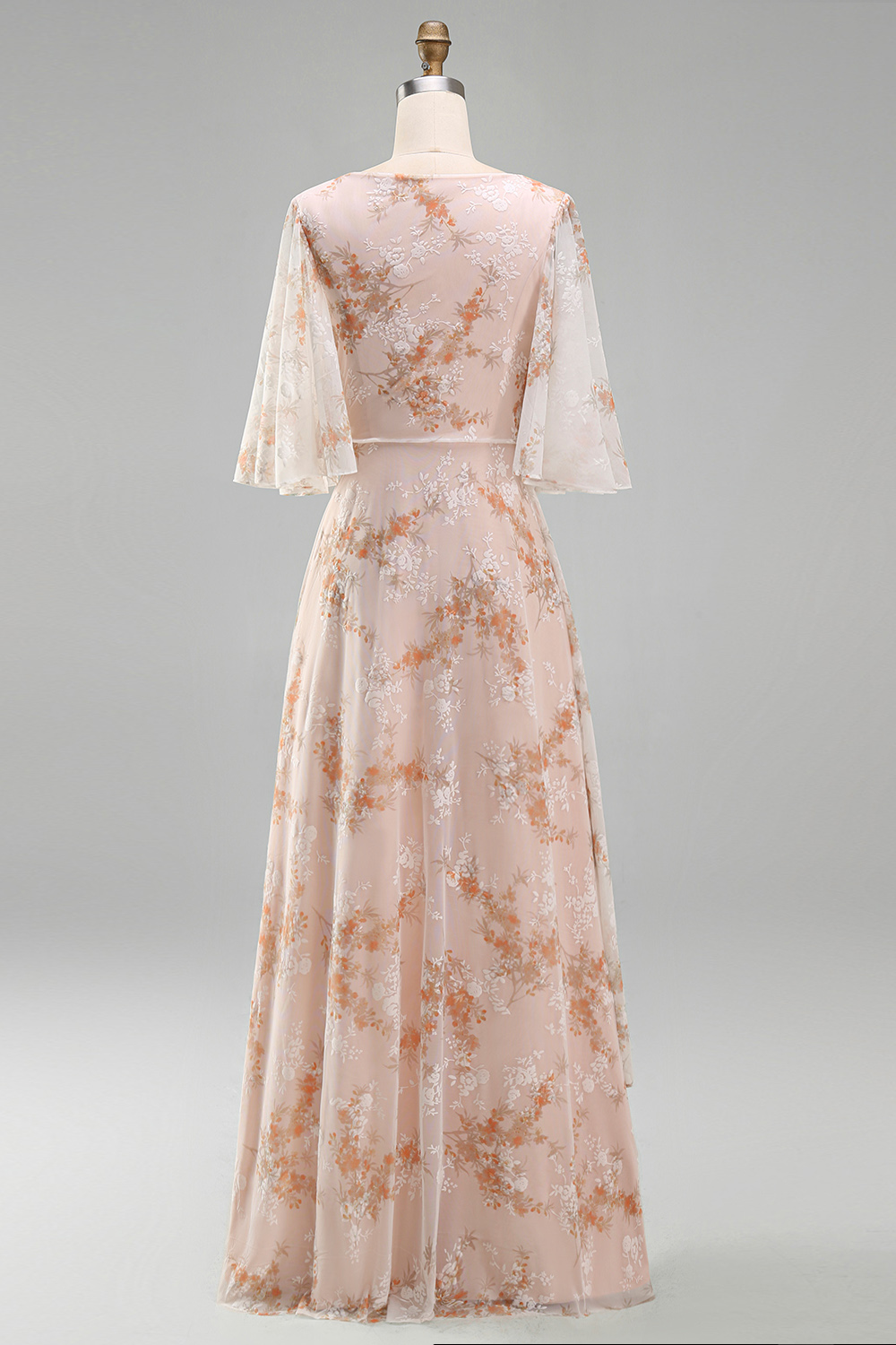 Champagne Sheath Bateau Neck Ruffled Long Floral Mother of the Bride Dress