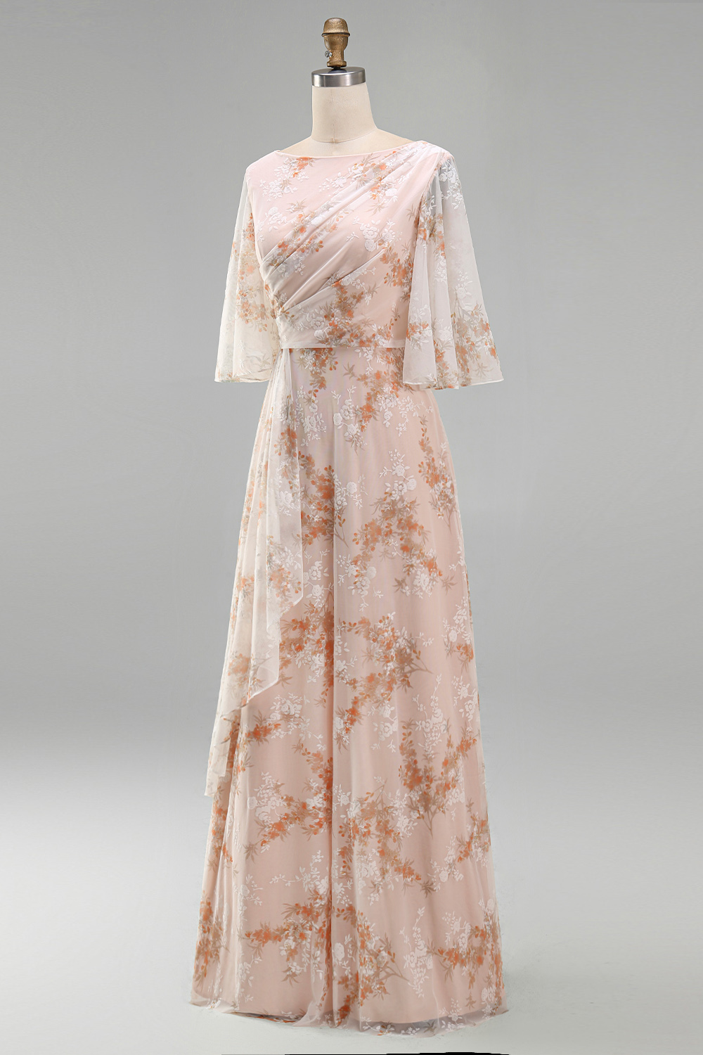 Champagne Sheath Bateau Neck Ruffled Long Floral Mother of the Bride Dress