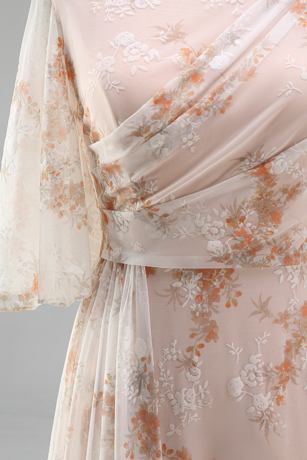 Champagne Sheath Bateau Neck Ruffled Long Floral Mother of the Bride Dress